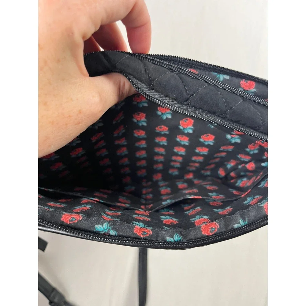 Vera Bradley Black Quilted Microfiber Crossbody Bag Floral Interior Rose Print